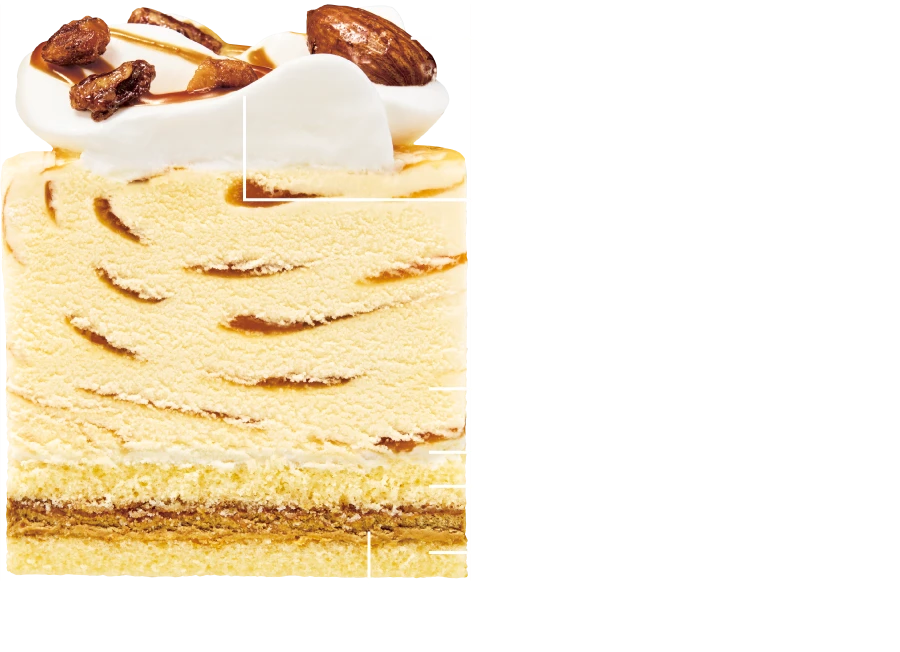 キャンディングナッツ 3種(アーモンド・クルミ・ピーカンナッツ） ホイップクリーム＆キャラメルソース キャラメルリボン ホイップクリーム ホワイトスポンジ ビターキャラメル風味ホイップクリーム